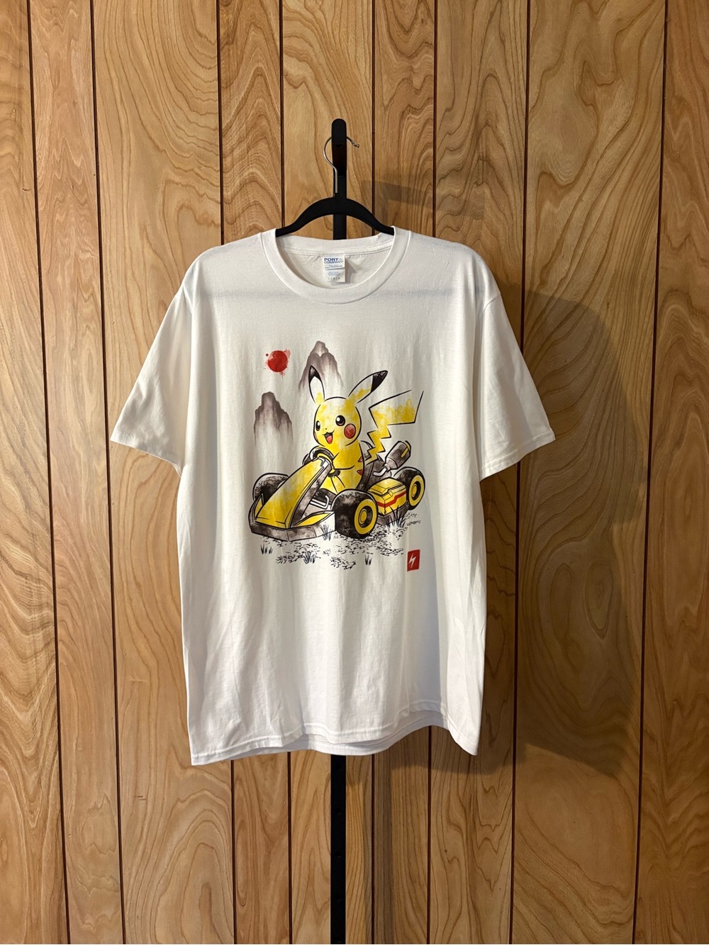 Port and Company White Graphic Tee with Yellow Racing Character